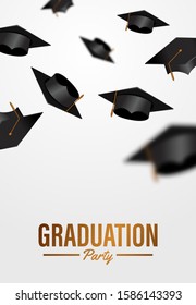 Luxury graduation party ceremony poster banner template with throwing graduation caps in to air. Academic education diploma degree.