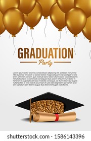 Luxury graduation party ceremony poster banner template with golden glitter graduation cap with golden flying balloon. Academic education diploma degree.