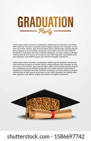 Luxury graduation party ceremony poster banner template with golden glitter graduation caps. Academic education diploma degree.