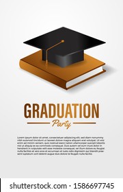 Luxury graduation party ceremony poster banner template with 3D isometric graduation caps with golden book. Academic education diploma degree.