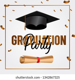 luxury graduation party invitation card with gold confetti and hat with typography, paper. Graduate school collage celebration event. Poster banner brochure card template