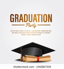 luxury graduation party invitation card with hat and paper. graduate collage school celebration event. poster, banner, brochure, card.