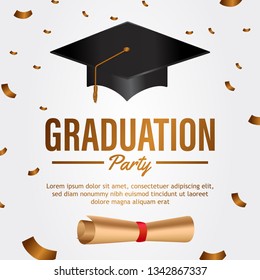 luxury graduation party invitation card with hat and paper. graduate collage school celebration event. poster, banner, brochure, card.