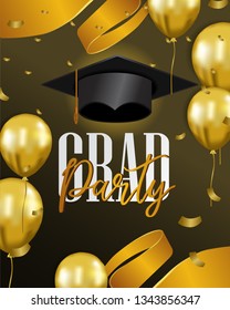 Luxury graduation party invitation with golden flying balloon and hat for celebrate graduate school and collage. Poster, banner, card. Vector illustration