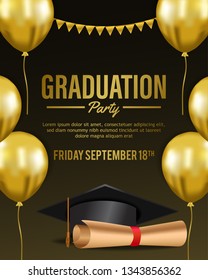 Luxury graduation party invitation with golden flying balloon and hat for celebrate graduate school and collage. Poster, banner, card. Vector illustration