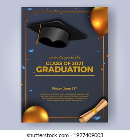 luxury graduation party poster invitation for class of 2021 with 3d golden balloon and graduation cap hat and paper with confetti with black background