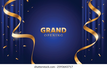 Luxury grand opening blue background with gold ribbon and curtain. Modern elegant promotional design.