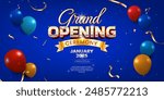 Luxury grand opening ceremony blue banner, golden confetti and ribbon, shiny balloon and glitters