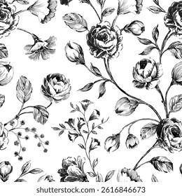 Luxury Gray Floral Seamless Rose and Bud Pattern – Perfect for Fabric, Wrapping, or Wallpaper
