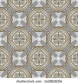 Luxury greek vector seamless pattern. Ornate jewelry light abstract background. Surface round 3d pearl gemstones. Rhombus greek key meander frames. Beautiful elegance decorative geometric ornament.