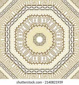 Patrón de lujo sin fisuras del vector griego. Repetir el fondo de los marcos dorados. Clave griega, serpentea ornamentos étnicos de oro.  Diseño geométrico moderno con mandalas, hexágono, marcos, bordes. Aislado en blanco.