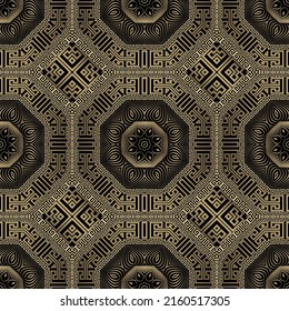 Luxury greek vector seamless pattern. Repeat golden frames ornamental background. Greek key, meanders floral ornaments.  Geometric modern design with mandalas, frames, borders, lines flowers, rhombus.