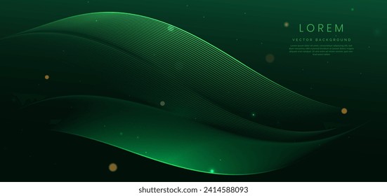 Luxury green background with curved glowing green lines lighting effect sparkle. Template premium award ceremony design. Vector illustratio