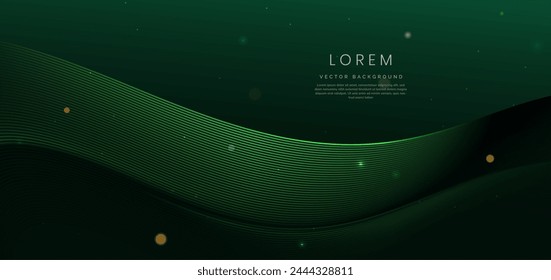 Luxury green background with curved glowing green lines lighting effect sparkle. Template premium award ceremony design. Vector illustratio