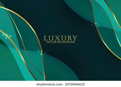 Luxury green background with curved glowing green and golden line lighting effect sparkle. Template premium award ceremony design