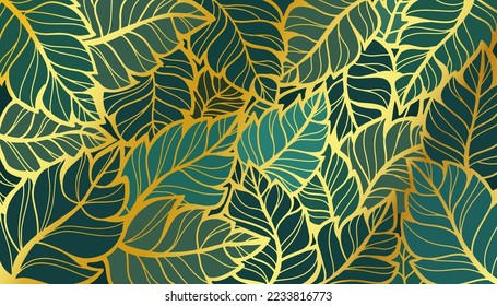 luxury green background with gold outline tropical leaves