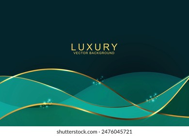 Luxury green background with green and golden line curved and lighting effect sparkle. Vector illustration