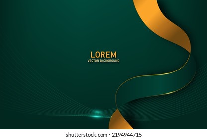 luxury green background ribbon shapes and golden lines with light effect, 3d style. vector illustration