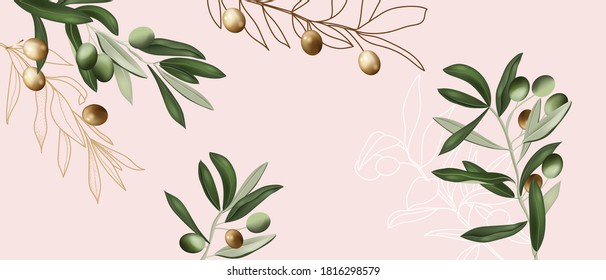 Luxury green background vector with golden metallic decorate in olive tree
