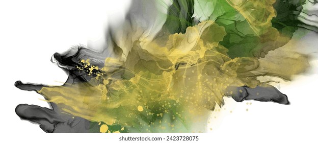 Luxury green, black, gold abstract background of marble liquid ink art painting on paper. Original artwork watercolor alcohol ink paint. Vector illustration.