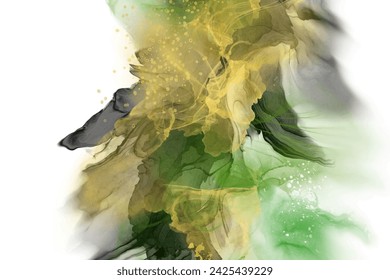 Luxury green, black, gold abstract background of marble liquid ink art painting on paper. Original artwork watercolor alcohol ink paint. Vector illustration.