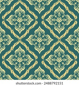 luxury green damask seamless pattern, Thai tradional, embroidery, ikat, victotian, Arabic, morrocan illustration design for print, silk, scaft, wallpaper, background