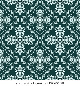 luxury green damask seamless pattern, Thai tradional, embroidery, ikat, victotian, Arabic, morrocan illustration design for print, silk, scaft, wallpaper, background