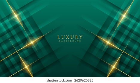 Luxury green dark background combine with glowing golden lines. Overlap layer textured background