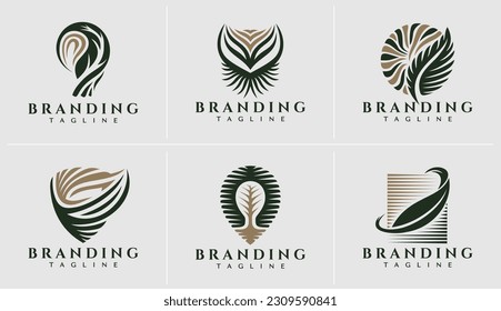 Luxury green eco organic leaf logo design set. Elegance nature plant logo brand.