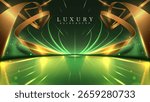 Luxury green empty stage scene with gold ribbon elements and decorated with glitter and bokeh light effects, elegant background suitable for product banner or award ceremony.