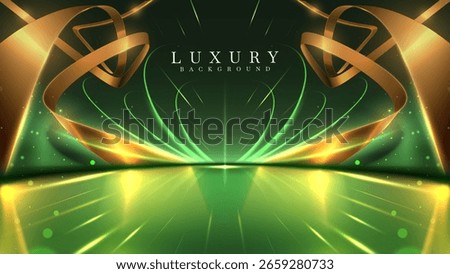 Luxury green empty stage scene with gold ribbon elements and decorated with glitter and bokeh light effects, elegant background suitable for product banner or award ceremony.
