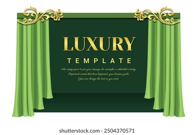 The luxury of Green fabric texture background, Green curtains elegant, Baroque ornament. Square theater background. EPS 10 vector illustration.
