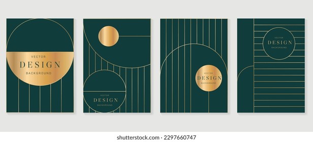 Luxury Green geometric pattern cover template. Set of art deco poster design with golden line, ornament, shapes, borders. Elegant graphic design perfect for banner, background, wallpaper, invitation.