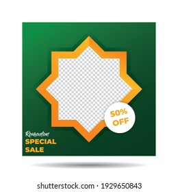 Luxury Green and Gold Ramadan Sale Or Discount Social Media Template with Phone Mock-Up for Banner, Ads, Advertising, Greeting Card, Poster, and Others Media Promotion. Editable Vector Illustration.