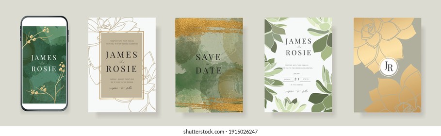 Luxury green and gold Social Media Wedding invite frame templates. Vector background. Mockup for social media banner. mobile Floral golden collage layout design.