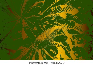 Luxury green, golden metal gradient background with distressed closeup leaf texture with streaks. Vector illustration