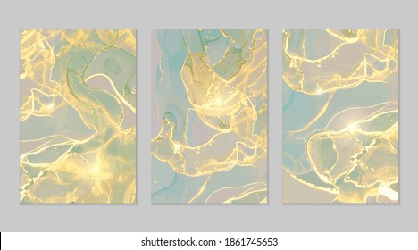 Luxury green, grey and gold marble abstract background set. Alcohol ink technique vector stone textures. Creative paint in natural colors with glitter. Template for banner, poster design. Fluid art