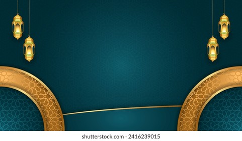 luxury green Islamic ramadan kareem eid mubarak gold round border pattern empty horizontal background banner design. Translation. "Muslim fasting month and celebration day after fasting."