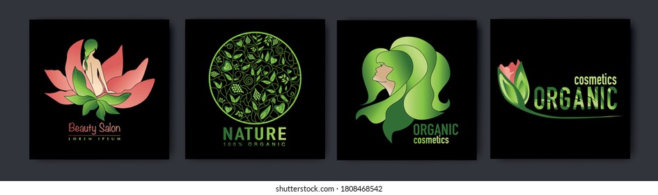 luxury green logo female beauty. Natural cosmetics and organic products emblem vector set.  Beauty salon, spa treatments or yoga club.
Emblems for holistic medicine centers, natural and organic food