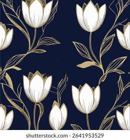 Luxury green magnolia background vector with golden metallic decorate wall art,textile 