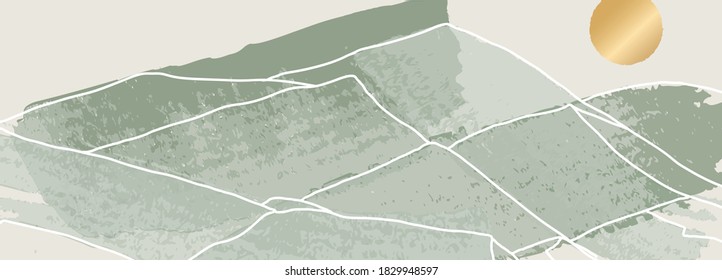 Luxury green mountain background vector with golden metallic decorate wall art