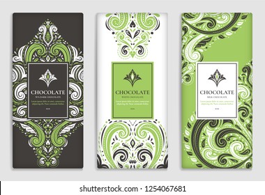 Luxury green packaging design of chocolate bars. Vintage vector ornament template. Elegant, classic elements. Great for food, drink and other package types. Can be used for background and wallpaper. 