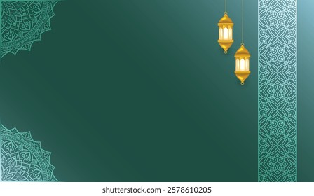 luxury green ramadan kareem eid mubarak arabesque border islamic background banner with corner shape. Translation: "Muslim fasting month and celebration day".