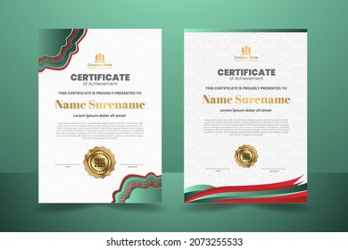 Diseño de plantillas de certificado verde y rojo de lujo con ornamento morado. Ilustración vectorial