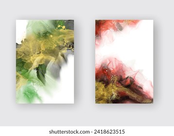 Luxury green, red, gold abstract background of marble liquid ink art painting on paper. Original artwork watercolor alcohol ink paint. Vector illustration.