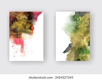 Luxury green, red, gold abstract background of marble liquid ink art painting on paper. Original artwork watercolor alcohol ink paint. Vector illustration.