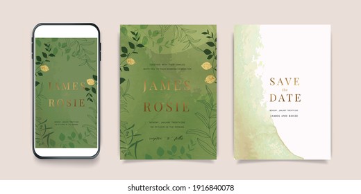 Luxury Green Social Media, mobile  Wedding invite frame templates. Vector background. Invitation mobile Floral with golden collage layout design.