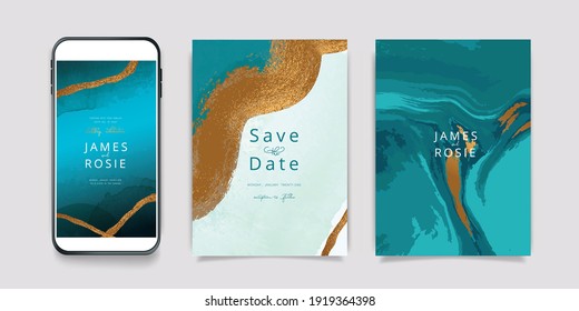 Luxury green Social Media, mobile  Wedding invite frame templates. Vector background. Invitation mobile Floral with golden collage layout design.