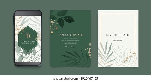 Luxury green Social Media, mobile  Wedding invite frame templates. Vector background. Invitation mobile Floral with golden collage layout design.