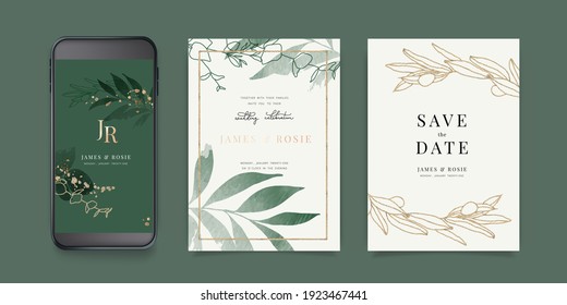 Luxury green Social Media, mobile  Wedding invite frame templates. Vector background. Invitation mobile Floral with golden collage layout design.